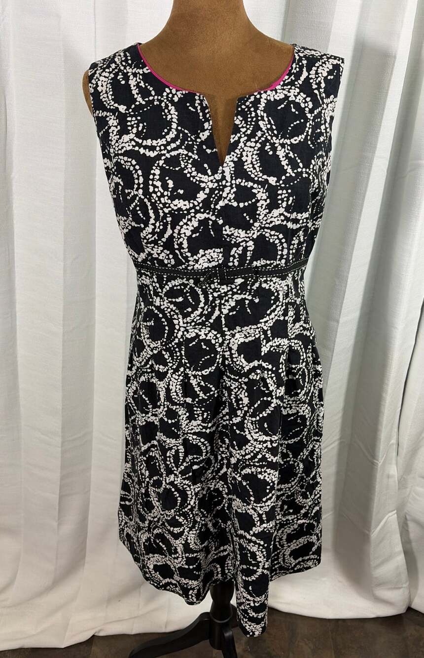 Another Thyme 12 Black White Abstract Cotton A-Line Dress Bow Notch Neck